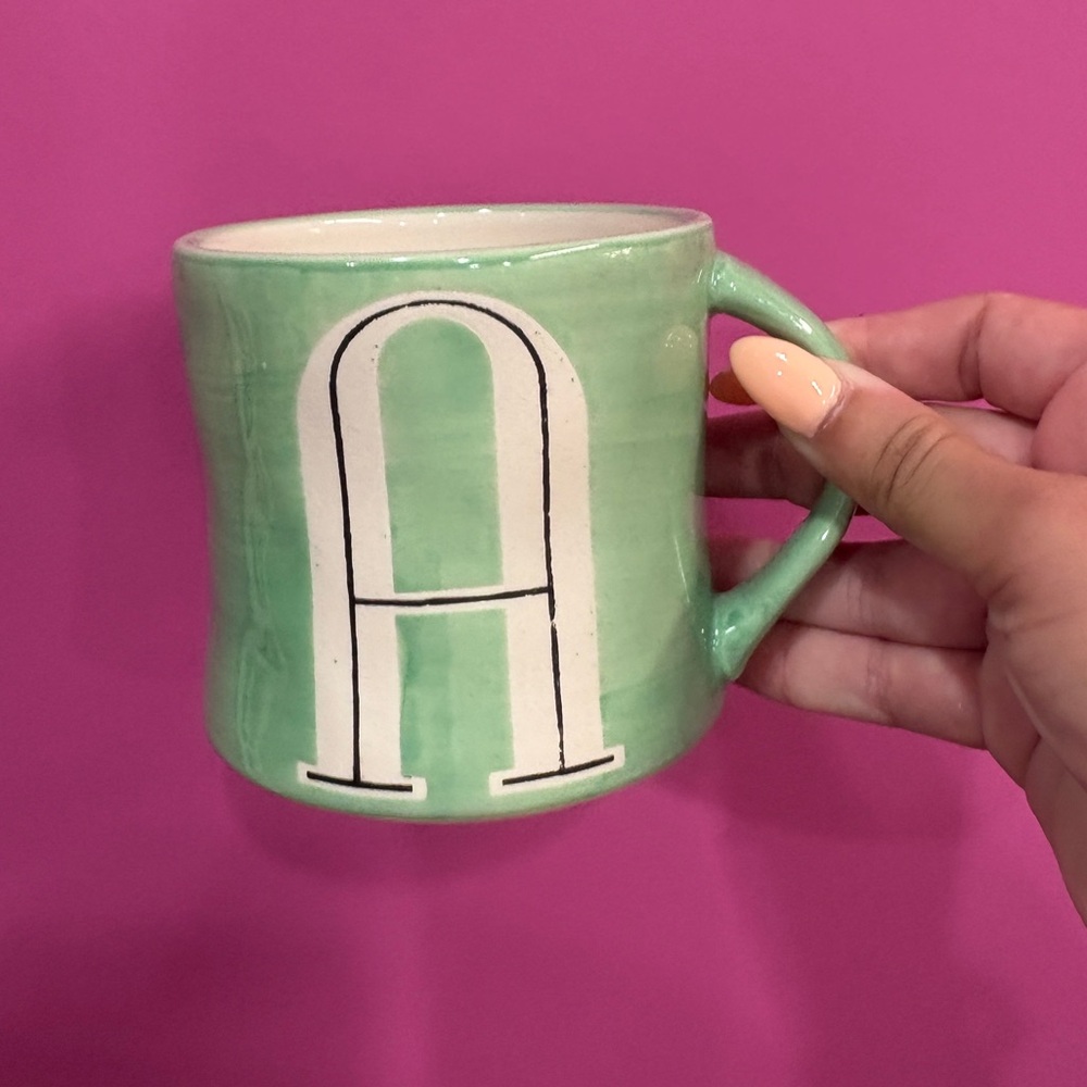 Anthropologie Hand Painted “ A “ Mug Green
